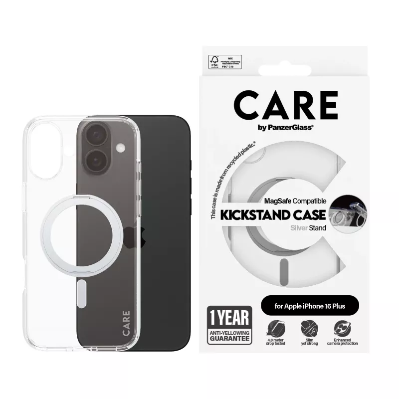 PanzerGlass CARE™ by ® transparente Hülle mit silbernem Kickstand & MagSafe iPhone 16 Plus