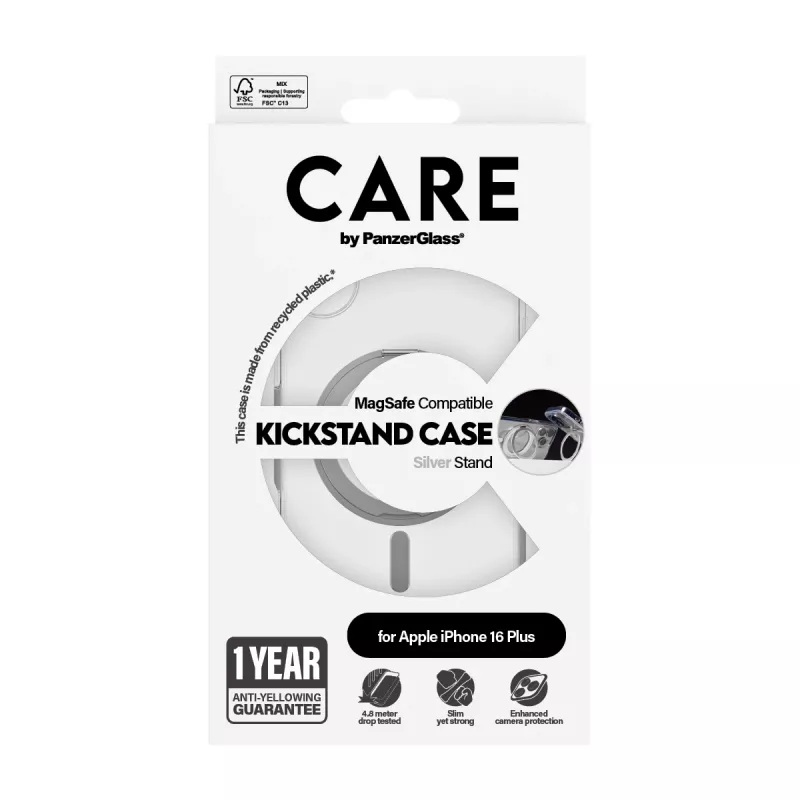 PanzerGlass CARE™ by ® transparente Hülle mit silbernem Kickstand & MagSafe iPhone 16 Plus
