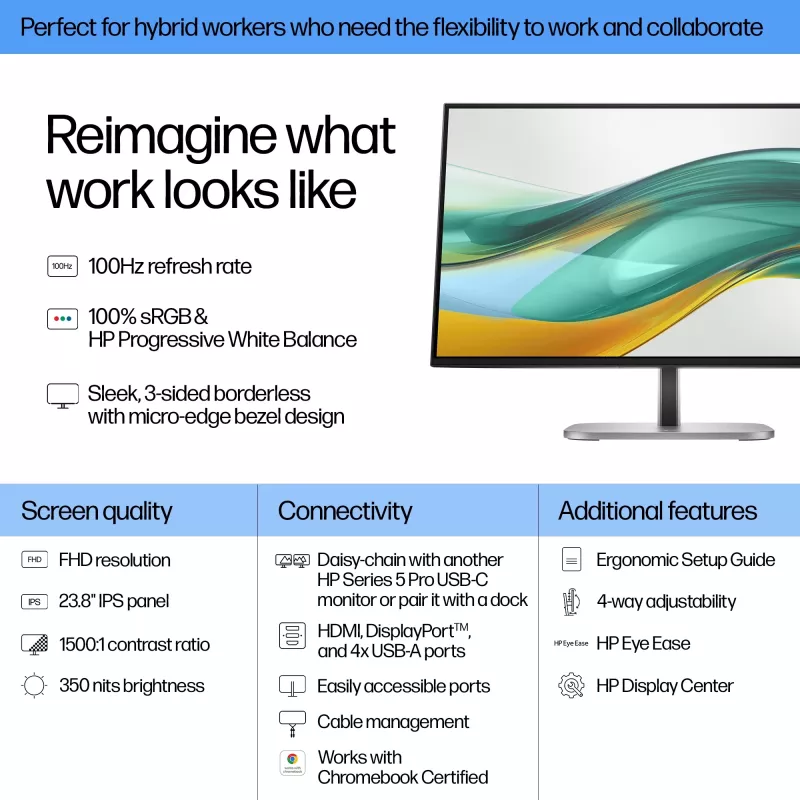 HP Series 5 Pro 23,8 Zoll FHD Monitor - 524pf, 60,5 cm (23,8 Zoll), 1920 x 1080 Pixel, Full HD, LCD, 5 ms, Schwarz, Silber