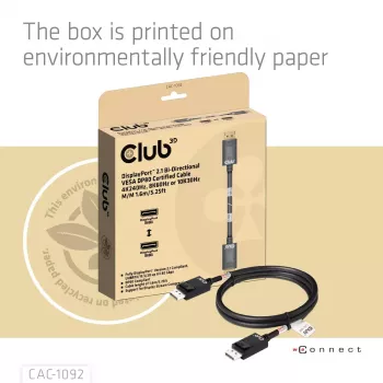 CLUB3D DisplayPort™ 2.1 Bi-Directional VESA DP80 Certified Kabel 4K240Hz, 8K60Hz or 10K60Hz M/M 1.6m/5.25ft