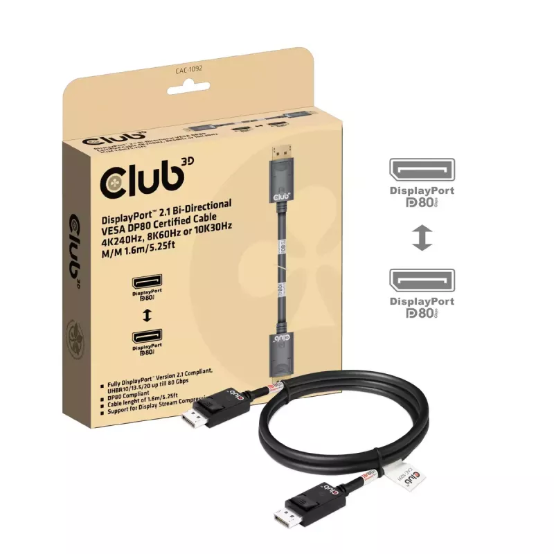 CLUB3D DisplayPort™ 2.1 Bi-Directional VESA DP80 Certified Kabel 4K240Hz, 8K60Hz or 10K60Hz M/M 1.6m/5.25ft