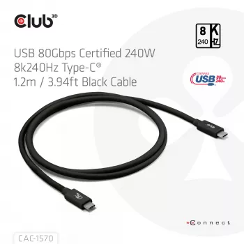 USB Type-C Kabel CLUB3D CAC-1570 1,2m — 80Gbps, 240W, unterstützt 8K@240Hz, schwarz