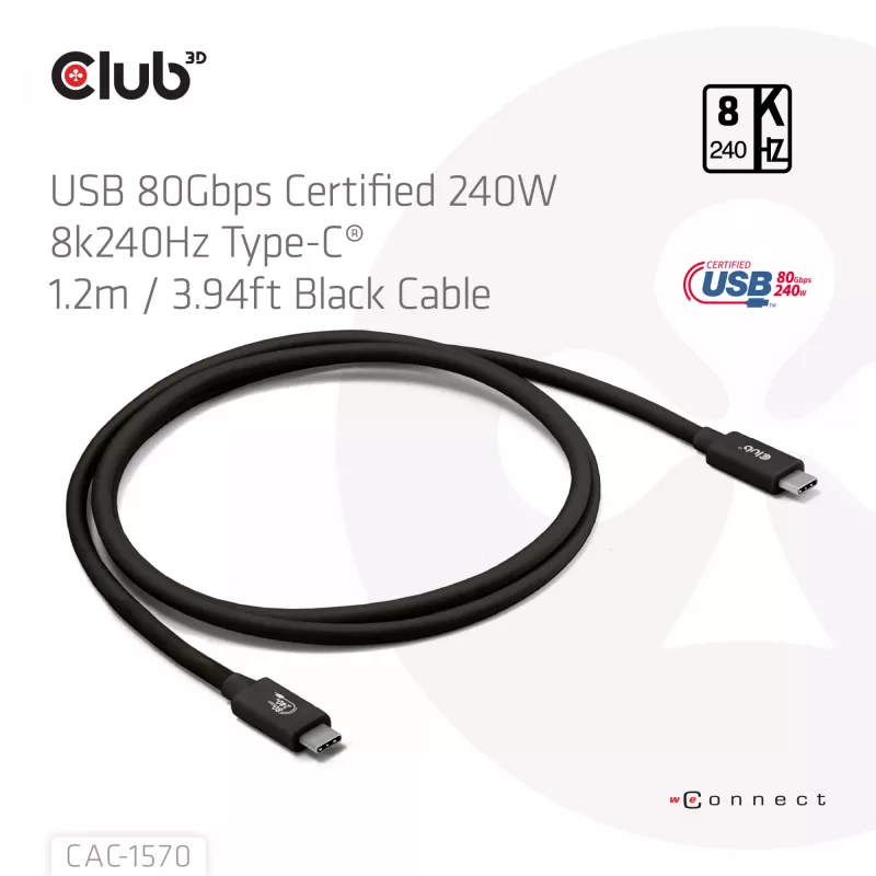 USB Type-C Kabel CLUB3D CAC-1570 1,2m — 80Gbps, 240W, unterstützt 8K@240Hz, schwarz