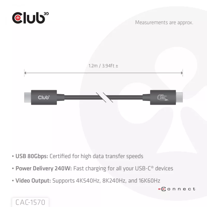USB Type-C Kabel CLUB3D CAC-1570 1,2m — 80Gbps, 240W, unterstützt 8K@240Hz, schwarz