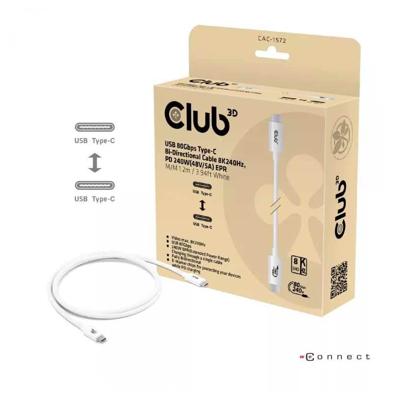 CLUB3D USB 80Gbps zertifiziertes 240W 8K240Hz Type-C® 1.2m / 3.94ft schwarzes Kabel