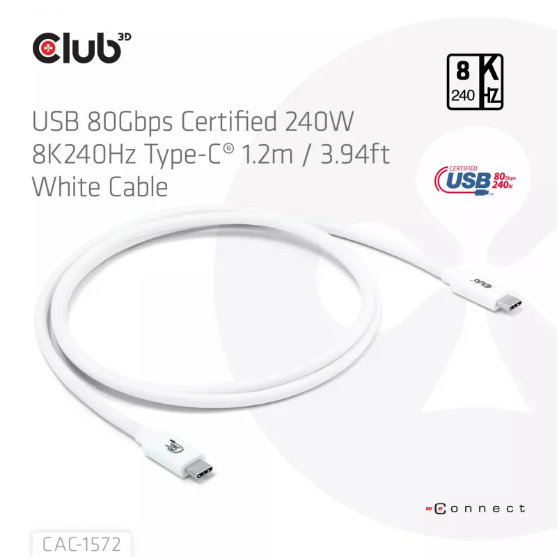 CLUB3D USB 80Gbps zertifiziertes 240W 8K240Hz Type-C® 1.2m / 3.94ft schwarzes Kabel