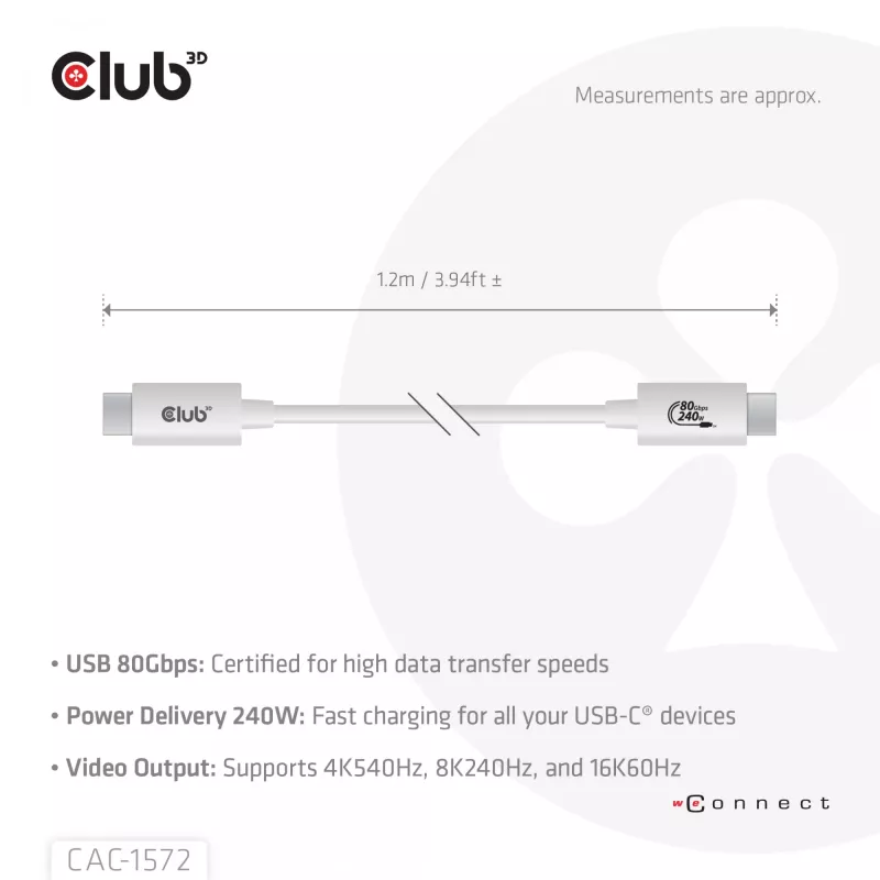 CLUB3D USB 80Gbps zertifiziertes 240W 8K240Hz Type-C® 1.2m / 3.94ft schwarzes Kabel