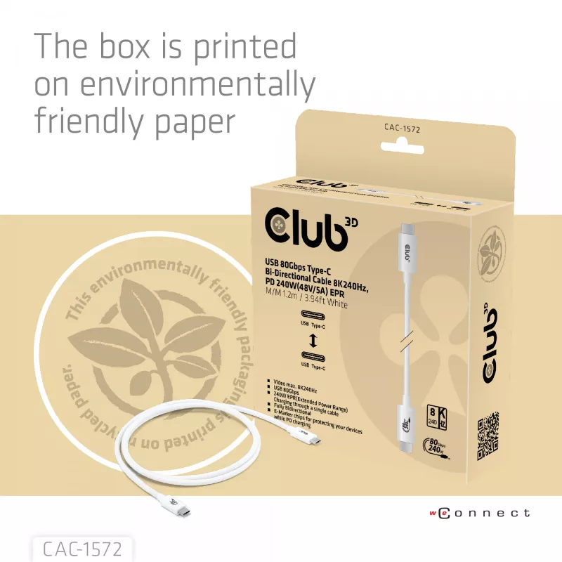 CLUB3D USB 80Gbps zertifiziertes 240W 8K240Hz Type-C® 1.2m / 3.94ft schwarzes Kabel