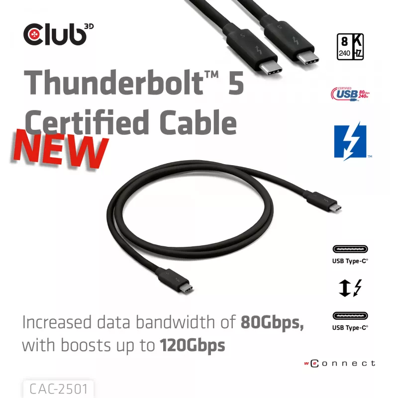 CLUB3D Thunderbolt™ 5 zertifiziertes Kabel 8K240Hz Daten 80/120 Gbps EPR 240 Watt M/M 1m / 3,28ft