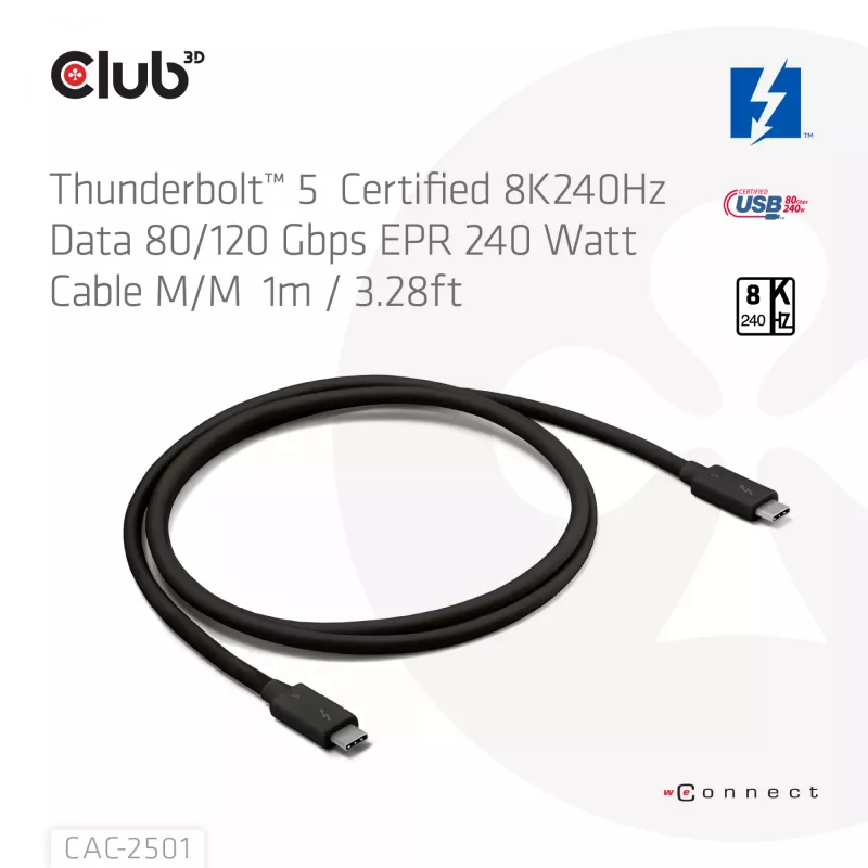 CLUB3D Thunderbolt™ 5 zertifiziertes Kabel 8K240Hz Daten 80/120 Gbps EPR 240 Watt M/M 1m / 3,28ft