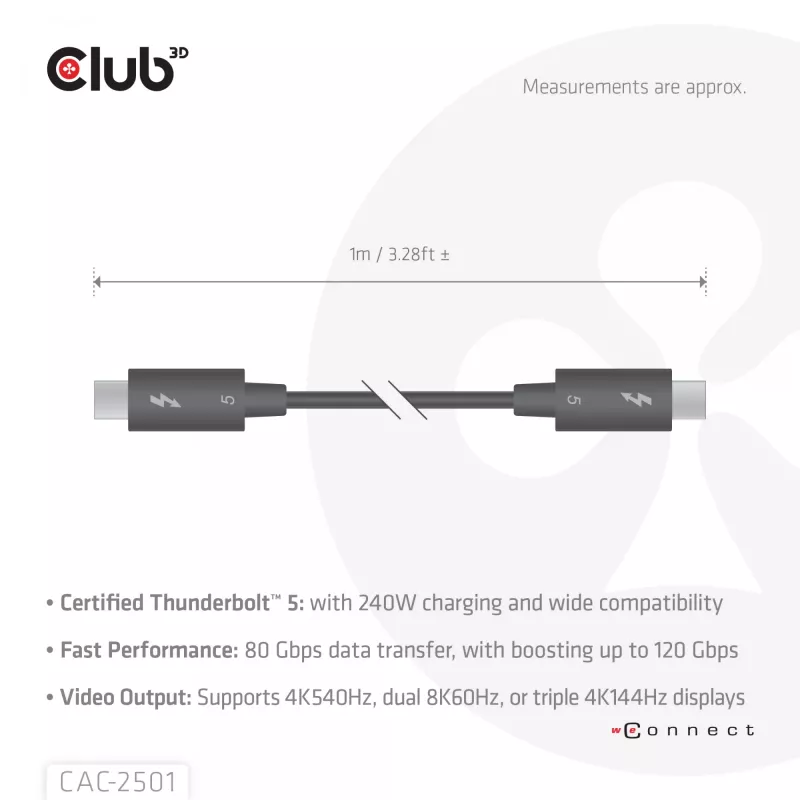 CLUB3D Thunderbolt™ 5 zertifiziertes Kabel 8K240Hz Daten 80/120 Gbps EPR 240 Watt M/M 1m / 3,28ft