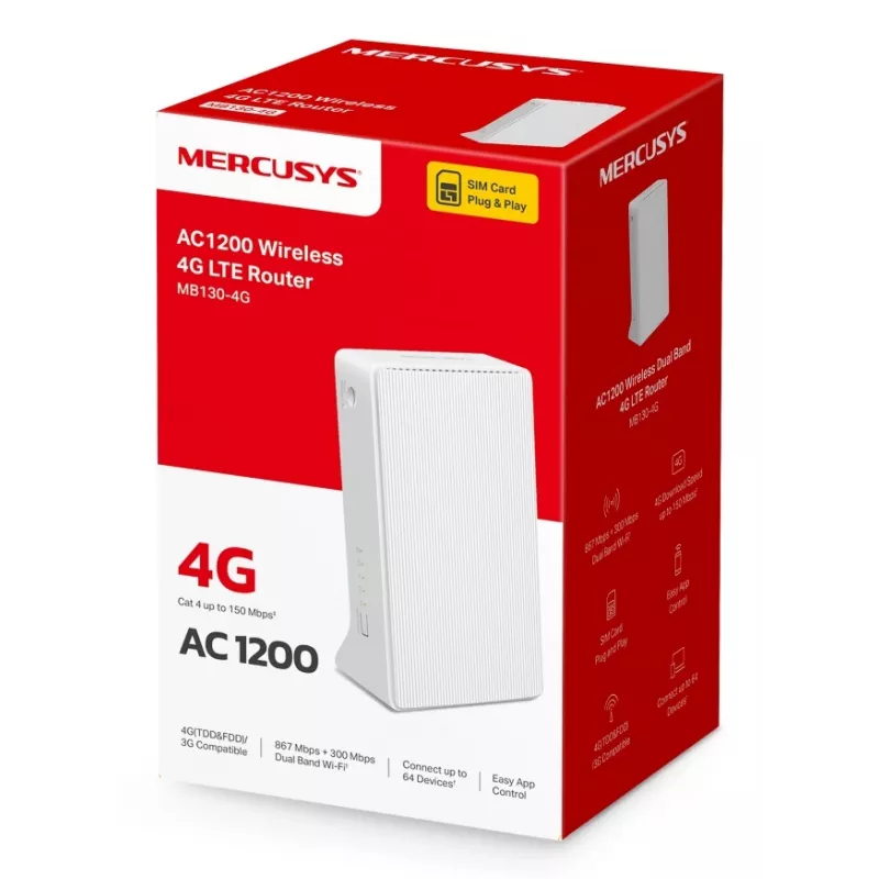 MERCUSYS MB130-4G WLAN-Router Ethernet Dual-Band (2,4 GHz / 5 GHz) – Weiß