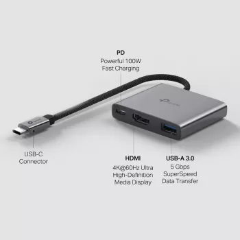 USB Type-C Hub TP-Link UH3020C — 3-Port (HDMI, USB-A, USB-C), 5 Gbit/s, HDMI 4K@60Hz, PD bis 100W, Aluminium, 0,18 m Kabel