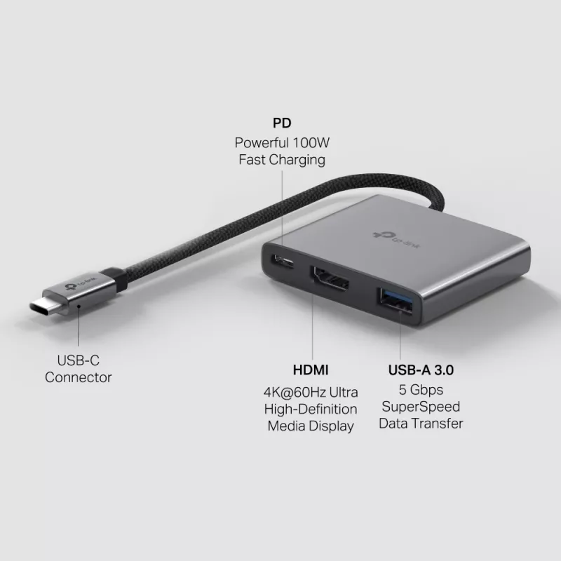USB Type-C Hub TP-Link UH3020C — 3-Port (HDMI, USB-A, USB-C), 5 Gbit/s, HDMI 4K@60Hz, PD bis 100W, Aluminium, 0,18 m Kabel