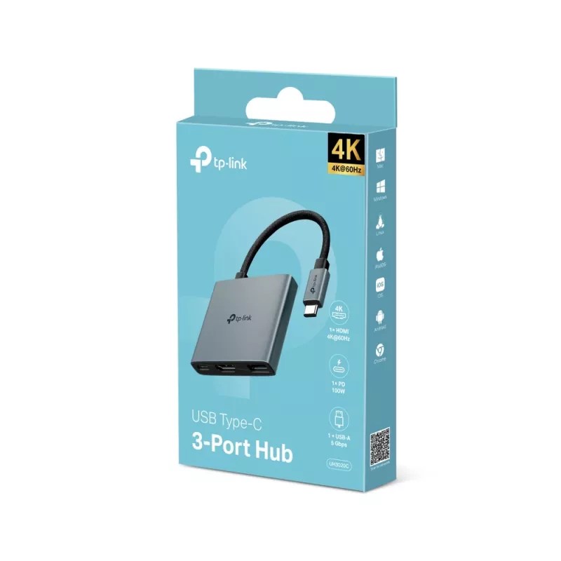 USB Type-C Hub TP-Link UH3020C — 3-Port (HDMI, USB-A, USB-C), 5 Gbit/s, HDMI 4K@60Hz, PD bis 100W, Aluminium, 0,18 m Kabel