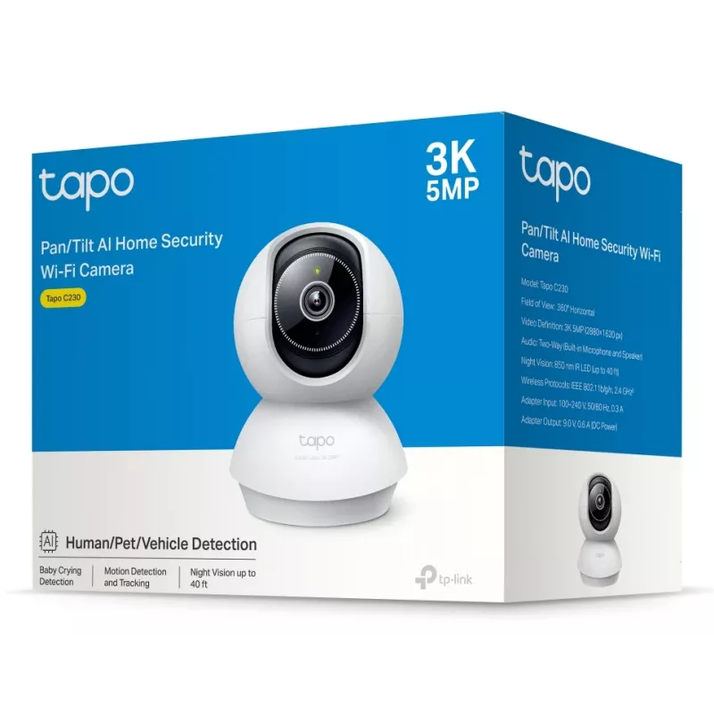 TP-Link Tapo Pan/Tilt AI Home Security Wi-Fi Camera SPEC: 3K 5MP (2880×1620), 2.4 GHz, Horizontal 360º