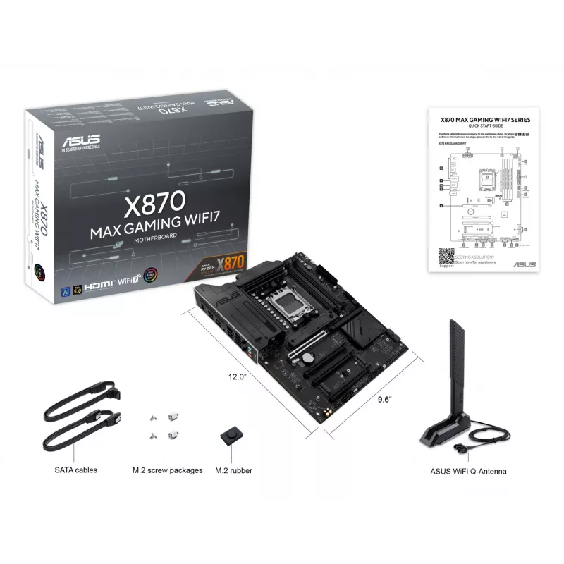 Motherboard ASUS X870 MAX GAMING WIFI7 ATX — AMD X870, Sockel AM5, DDR5, 4 DIMM, 256 GB, Wi‑Fi 7, Bluetooth 5.4, 3 M.2, 2x USB4 Gen3x2