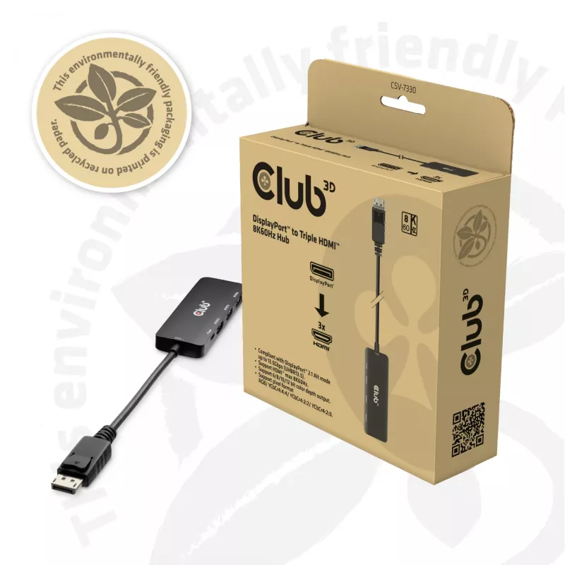 CLUB3D DisplayPort™ auf Triple HDMI™ 8K60Hz Hub, DisplayPort, HDMI, 2.1b/1.4a, 13,5 Mbit/s, 120 Hz, 3840 x 2160, 7680 x 4320