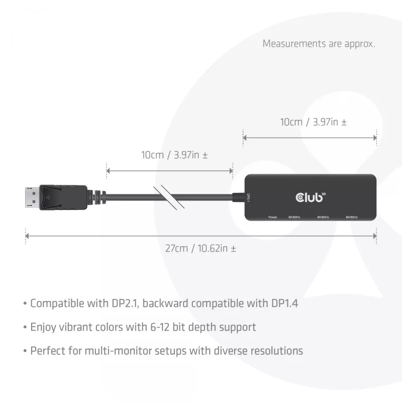 CLUB3D DisplayPort™ auf Triple HDMI™ 8K60Hz Hub, DisplayPort, HDMI, 2.1b/1.4a, 13,5 Mbit/s, 120 Hz, 3840 x 2160, 7680 x 4320