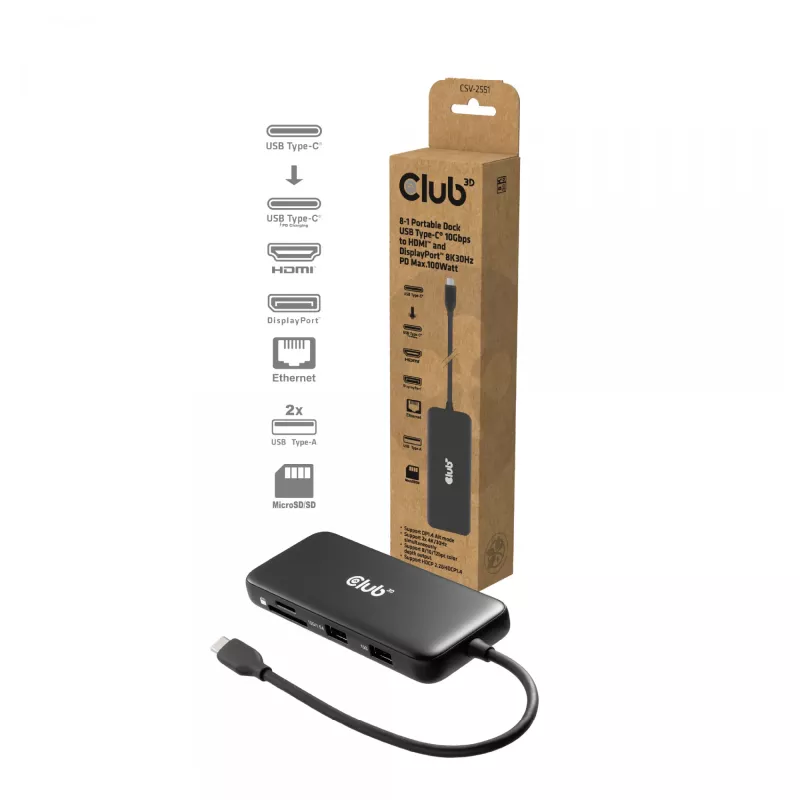 CLUB3D 8-1 Portable Dock USB Type-C® 10Gbps auf HDMI™ und DisplayPort™ 8K30Hz PD max. 100Watt