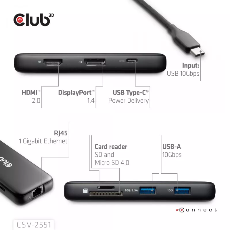 CLUB3D 8-1 Portable Dock USB Type-C® 10Gbps auf HDMI™ und DisplayPort™ 8K30Hz PD max. 100Watt