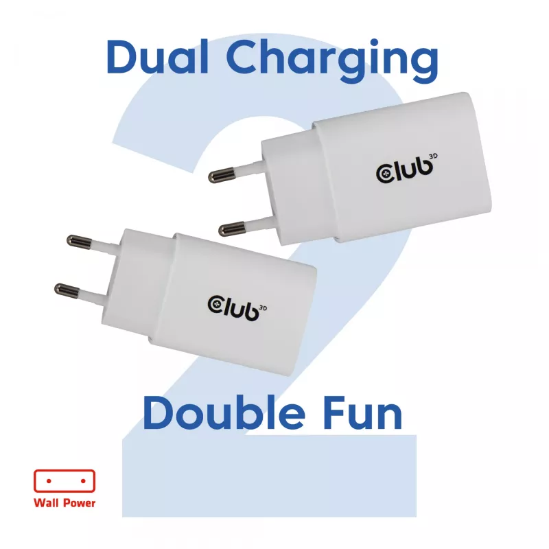 USB‑C-Ladegerät 2er-Pack CLUB3D CAC-3020, 30 W gesamt, Weiß