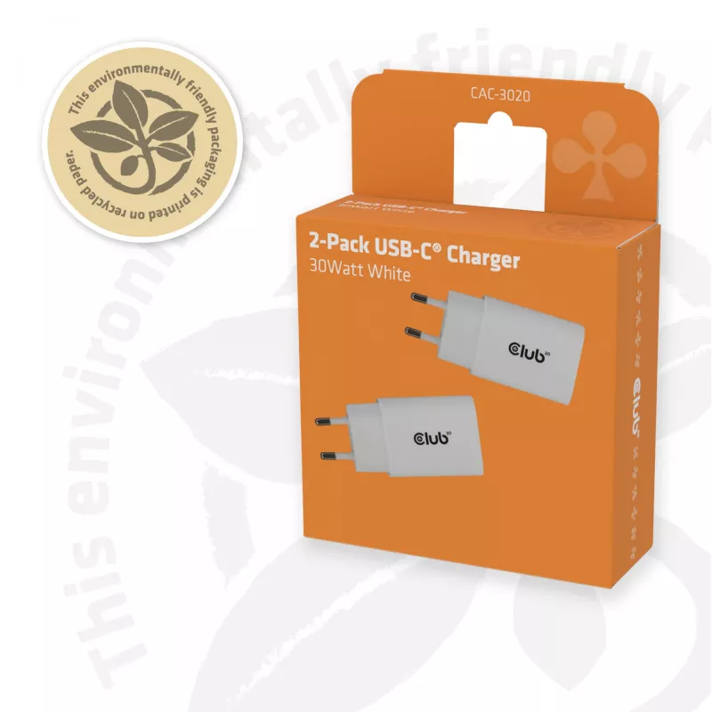 USB‑C-Ladegerät 2er-Pack CLUB3D CAC-3020, 30 W gesamt, Weiß