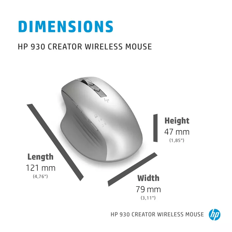 HP 930 Creator Wireless Mouse, Rechtshänder, Bluetooth, 3000 DPI, Silber