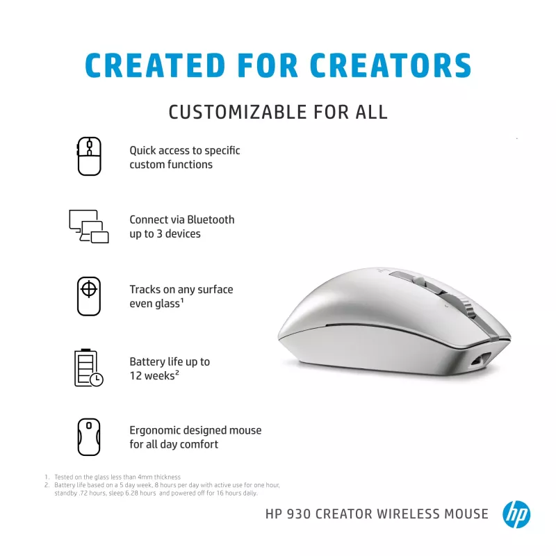 HP 930 Creator Wireless Mouse, Rechtshänder, Bluetooth, 3000 DPI, Silber