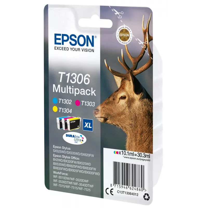 Epson Stag Multipack 3-Farben T1306 DURABrite Ultra Tinte, Hohe (XL) Reichweite, Cyan, Magenta, Gelb, Pigmentierte Tinte, 10,1 ml, 1 Stk., Mehrfachpack