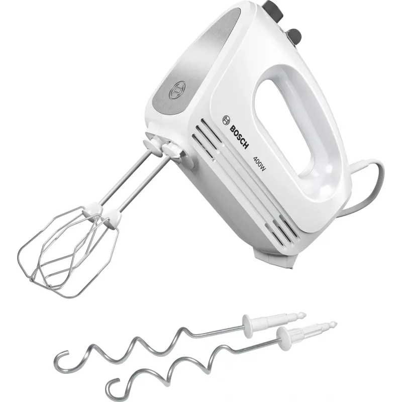 Handmixer Bosch MFQ24200 — 400 W, 4 Geschwindigkeiten, Turbo, gebürsteter Stahl/Weiß