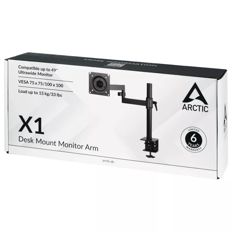 ARCTIC X1 - Monitorarm für Schreibtisch, Klemmbefestigung, 10 kg, 101,6 cm (40 Zoll), 109,2 cm (43 Zoll), 100 x 100 mm, Schwarz