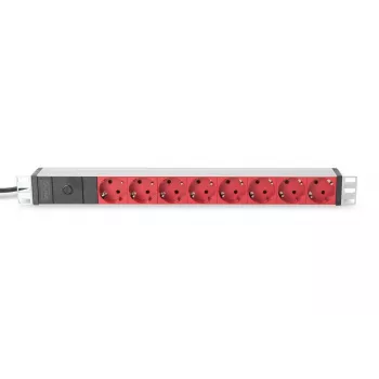 DIGITUS 1U Aluminium-PDU, montagefähig im Rack, 10A Stecker, 250VAC 50/60Hz, 8x rote CEE 7/7 Steckdose vorgesichert, IEC C14 Stecker