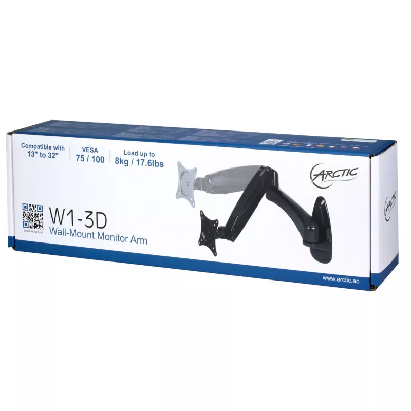 ARCTIC W1-3D - Monitor Wall Mount with Gas Lift Technology, 8 kg, 33 cm (13 inch), 81.3 cm (32 inch), 75 x 75 mm, 100 x 100 mm, Schwarz
