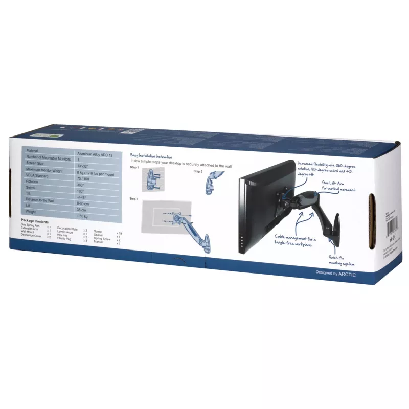ARCTIC W1-3D - Monitor Wall Mount with Gas Lift Technology, 8 kg, 33 cm (13 inch), 81.3 cm (32 inch), 75 x 75 mm, 100 x 100 mm, Schwarz