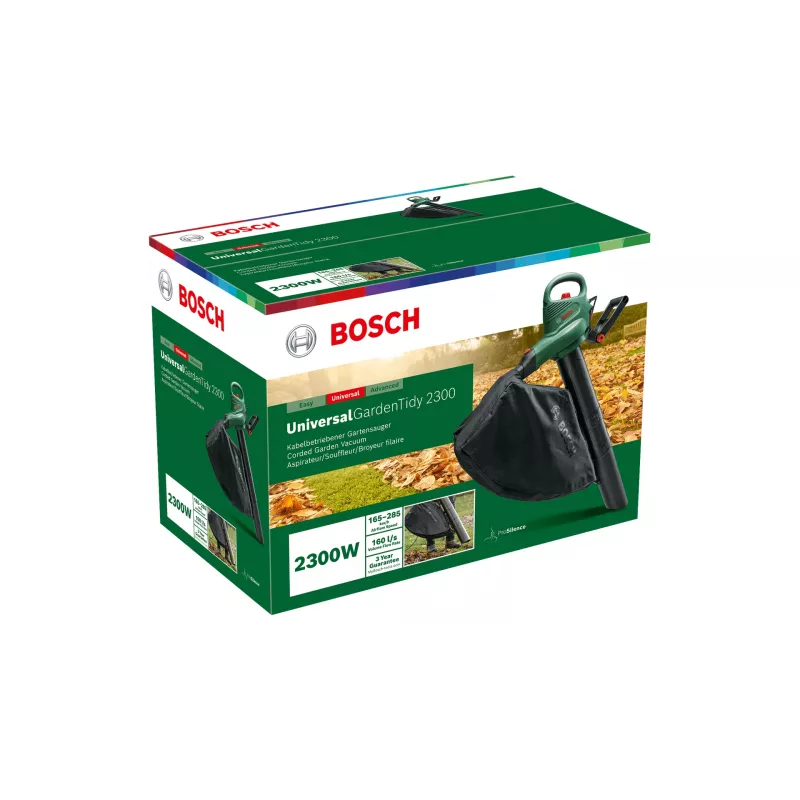 Handgebläse Bosch Universal GardenTidy 2300 — 2300 W, 576 m³/h, 45 L Auffangbeutel, 185–285 km/h, Häckselfunktion