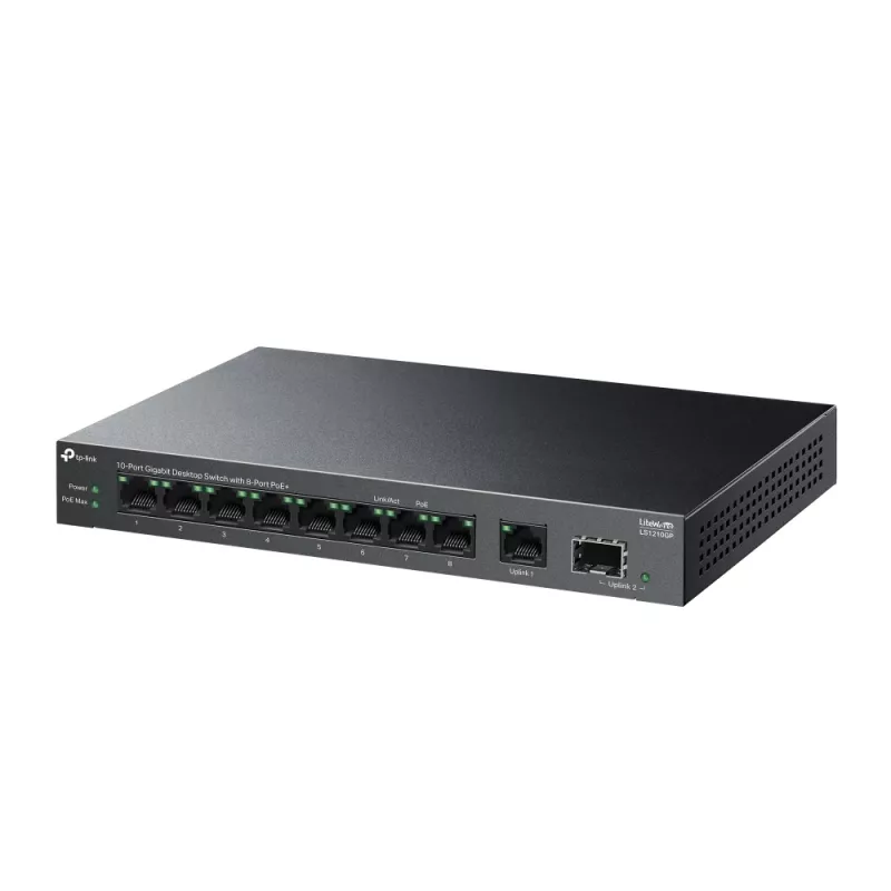 Unmanaged Switch TP-LINK LS1210GP 10-Port Gigabit, 8× PoE+ (61 W gesamt), 1× SFP, 9× RJ‑45 Gigabit