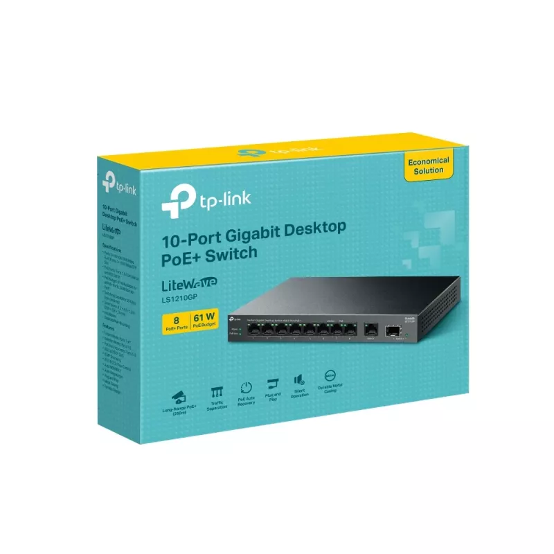 Unmanaged Switch TP-LINK LS1210GP 10-Port Gigabit, 8× PoE+ (61 W gesamt), 1× SFP, 9× RJ‑45 Gigabit