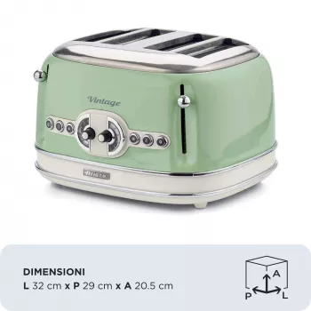 Ariete 156 4-Scheiben Vintage Toaster, 1600 Watt, 6 Bräunungsstufen, Edelstahl lackiert in Pastellgrün, ohne Sandwich-Körbe. Grün