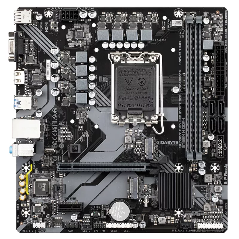 GIGABYTE B760M H DDR4 Motherboard - Unterstützt Intel Core Prozessoren der 14. Generation, 6+1+1 Phasen Digital VRM, bis zu 3200MHz DDR4 (OC), 2xPCIe 4.0 M.2, GbE LAN, USB 3.2 Gen1