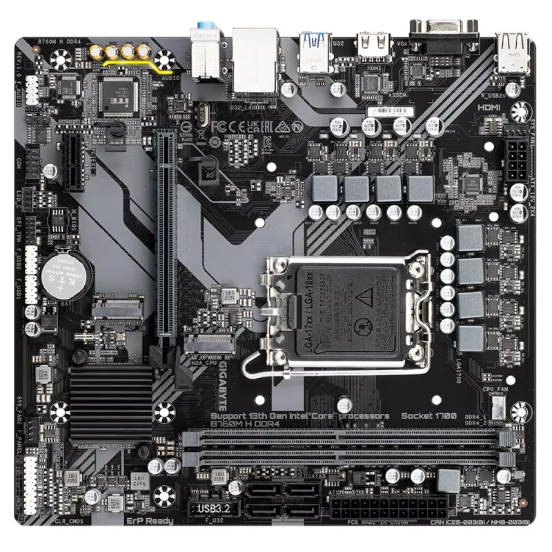 GIGABYTE B760M H DDR4 Motherboard - Unterstützt Intel Core Prozessoren der 14. Generation, 6+1+1 Phasen Digital VRM, bis zu 3200MHz DDR4 (OC), 2xPCIe 4.0 M.2, GbE LAN, USB 3.2 Gen1