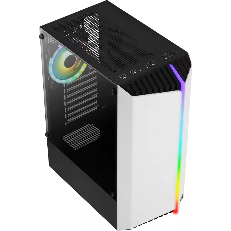 PC-Gehäuse AEROCOOL Bionic Midi Tower Weiß — ATX, Tempered Glass, 2x3,5-Zoll-Schächte, 6x2,5-Zoll, 297 mm GPU, blaue LED