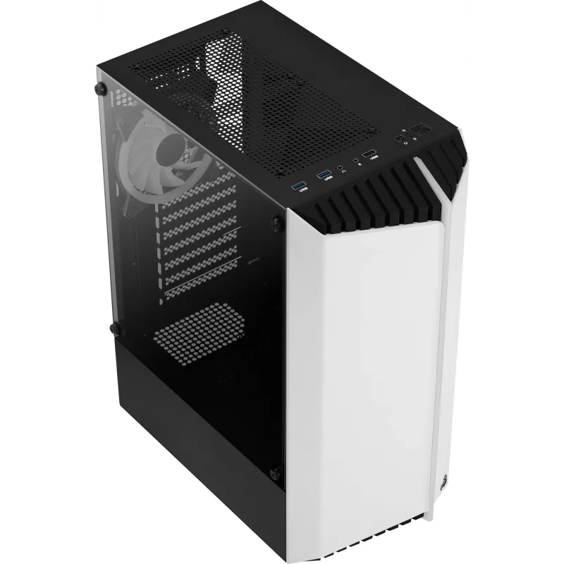 PC-Gehäuse AEROCOOL Bionic Midi Tower Weiß — ATX, Tempered Glass, 2x3,5-Zoll-Schächte, 6x2,5-Zoll, 297 mm GPU, blaue LED