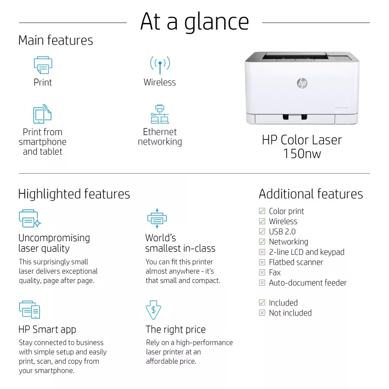 HP Color Laser 150nw, Laser, Farbe, 600 x 600 DPI, A4, 18 ppm, Duplexdruck