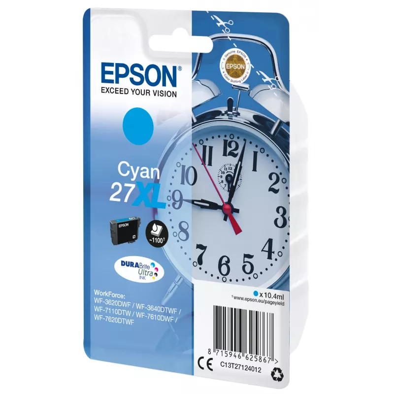 Epson Alarm clock Singlepack Cyan 27XL DURABrite Ultra Tinte, High (XL) Yield, Cyan, 10,4 ml, 1 Stück, 1100 Seiten