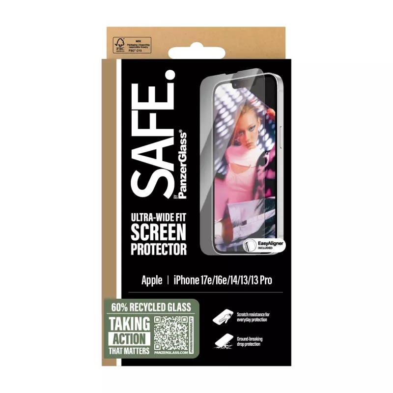 PanzerGlass SAFE. by ® Displayschutzfolie iPhone 17e | 16e | 14 | 13 | 13 Pro | Ultra-Wide Fit mit EasyAligner