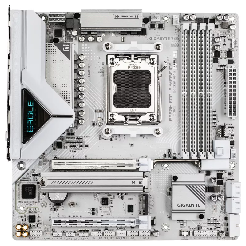 GIGABYTE B850M EAGLE WIFI6E ICE Mainboard - AMD Ryzen 9000 Series CPUs, 8+2+2 Phasen Digital VRM, bis zu 8200 MHz DDR5 (OC), 1xPCIe 5.0 + 1xPCIe 4.0 M.2, Wi-Fi 6E, 2,5 GbE LAN, USB 3.2 Gen 2