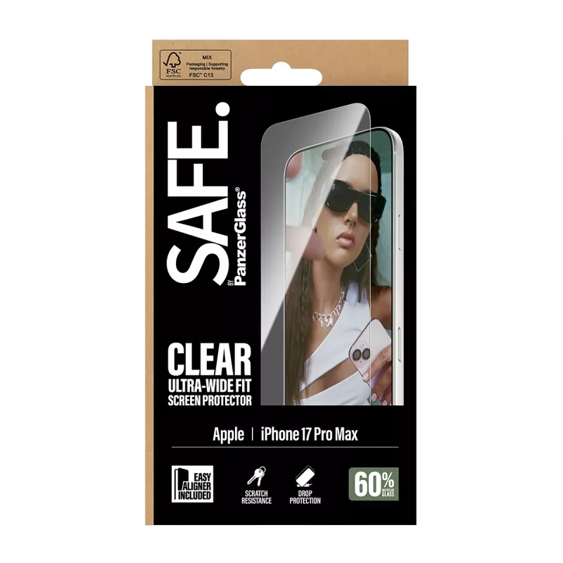 PanzerGlass SAFE. by Displayschutzfolie für iPhone 17 Pro Max — Ultra-Wide Fit, gehärtetes Glas, Trockeninstallation, 1 Stück