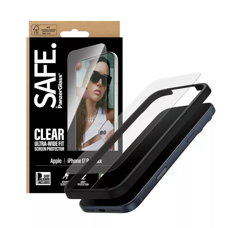 PanzerGlass SAFE. by Displayschutzfolie für iPhone 17 Pro Max — Ultra-Wide Fit, gehärtetes Glas, Trockeninstallation, 1 Stück