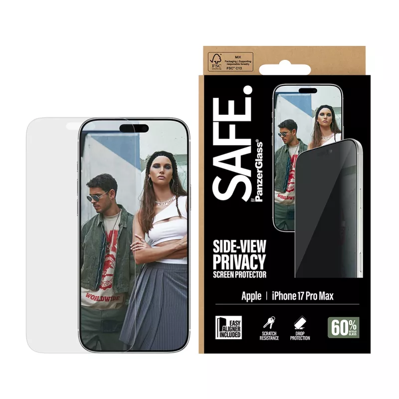 PanzerGlass SAFE. by ® 2-Way Privacy Screen Protector iPhone 17 Pro Max | Ultra-Wide Fit w. EasyAligner